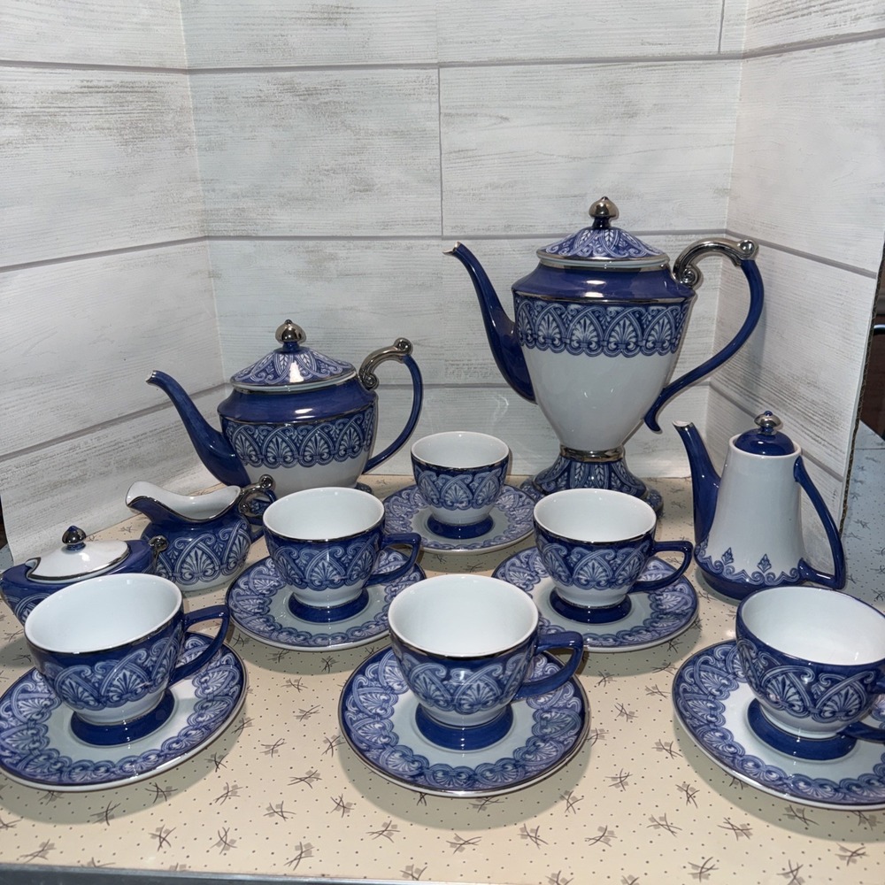 Bombay Company Arabesque Blue & White Tea and Coffee Set with 6 Cups & 6 Saucers